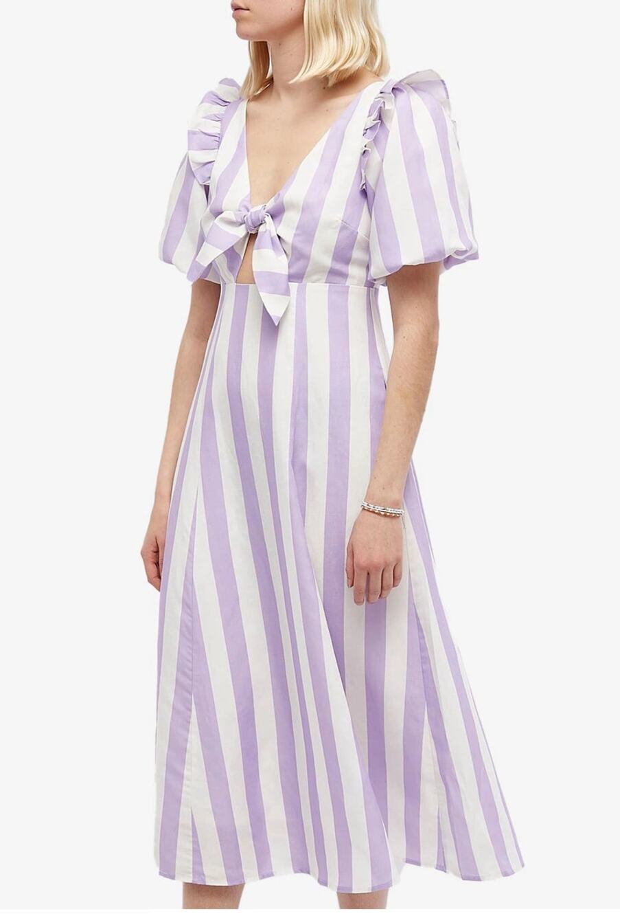 KITRI Pia Stripe Short Sleeve Tie Front Midi A-Line Dress Lilac White Women's 2